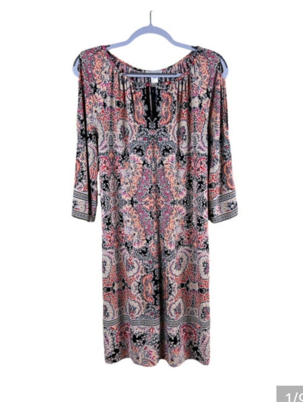 London Times Paisley Long Sleeve Shift Dress in Coral and Navy